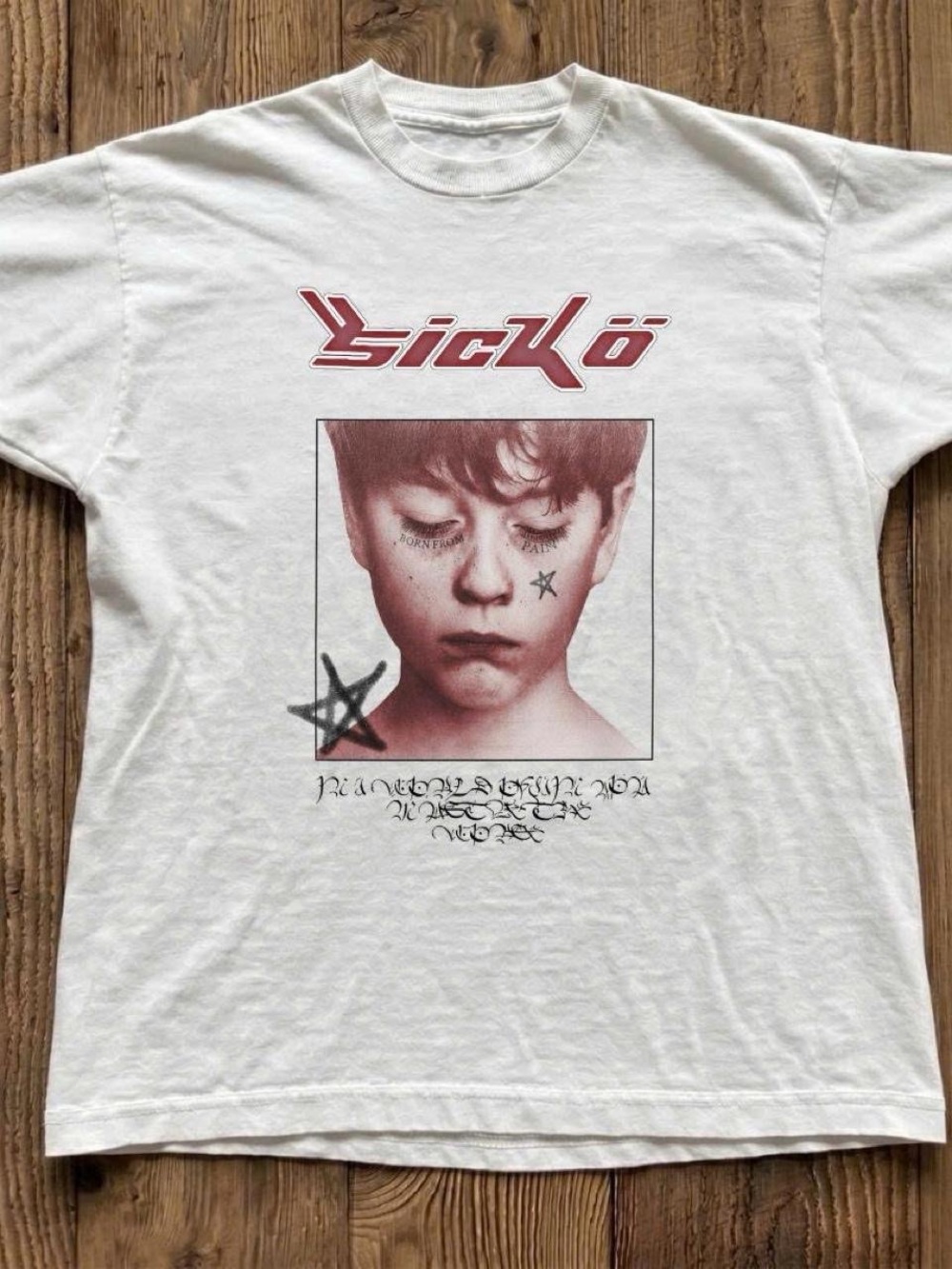 Gildan White Tee with Red Graphic and Black Star Accents
